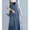 Oversize V-collar Solid Color Hem Split Pocket Denim Tank Dress 210528233 1 Oversize V-collar Solid Color Hem Split Pocket Denim Tank Dress 210528233 -NIKA Clothing Shop 210528233 navy