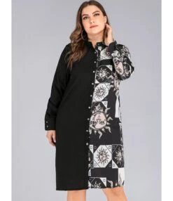Plus Size Retro Contrast Print Stitching Button Shirt Dress 210531730