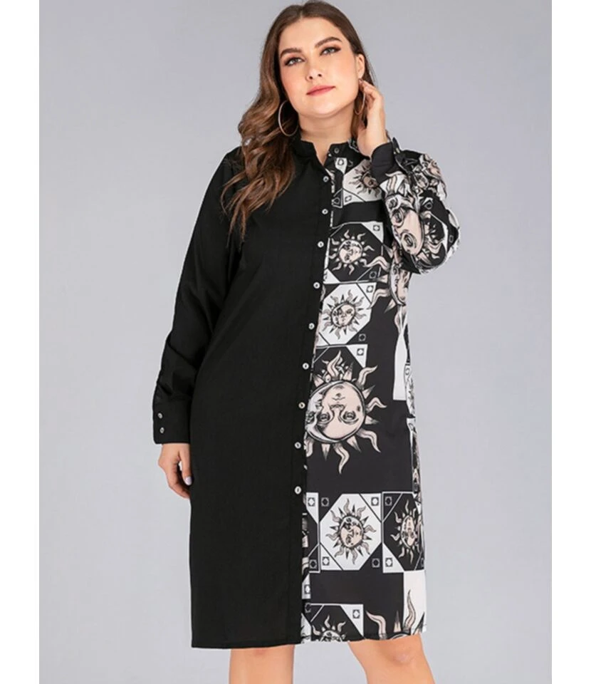 Plus Size Retro Contrast Print Stitching Button Shirt Dress 210531730 3 Plus Size Retro Contrast Print Stitching Button Shirt Dress 210531730