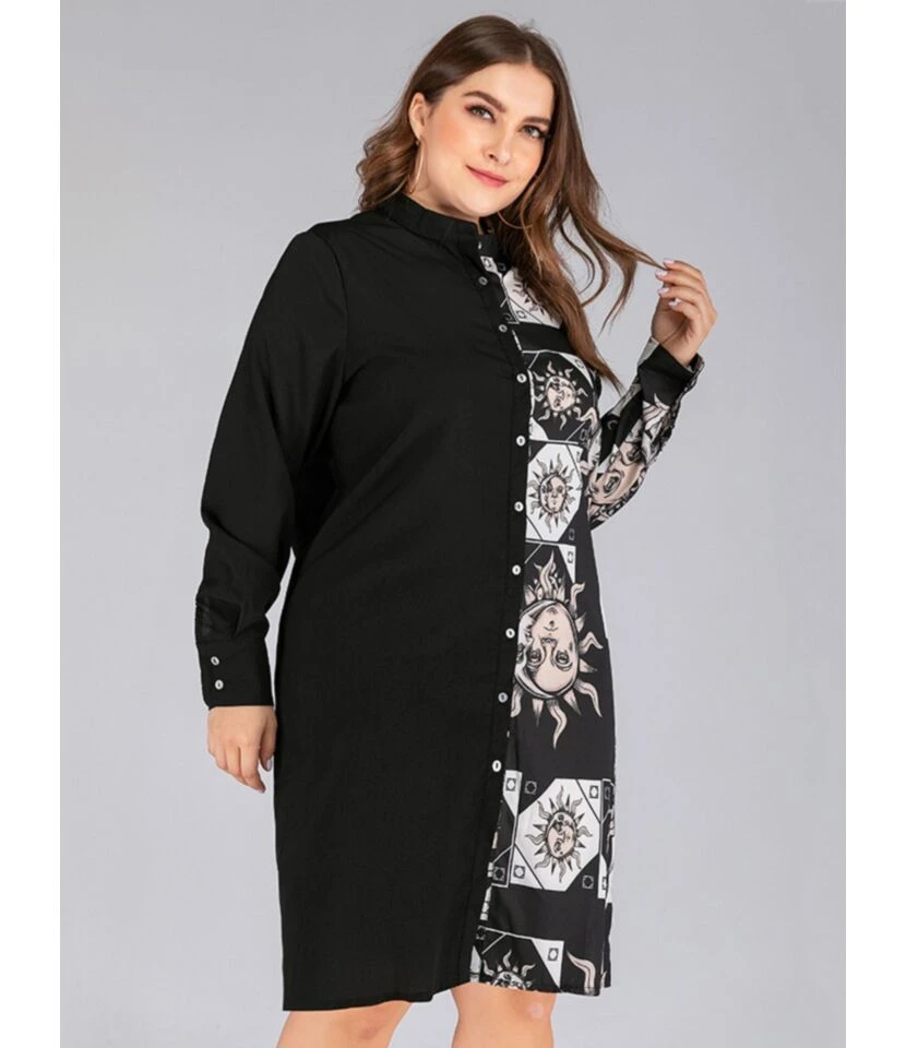 Plus Size Retro Contrast Print Stitching Button Shirt Dress 210531730 5 Plus Size Retro Contrast Print Stitching Button Shirt Dress 210531730 - Image 3