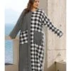 Plus Size Plaid Stitching Stripes Pocket Long Sleeve Maxi Dress 210531896 -NIKA Clothing Shop 210531896 1