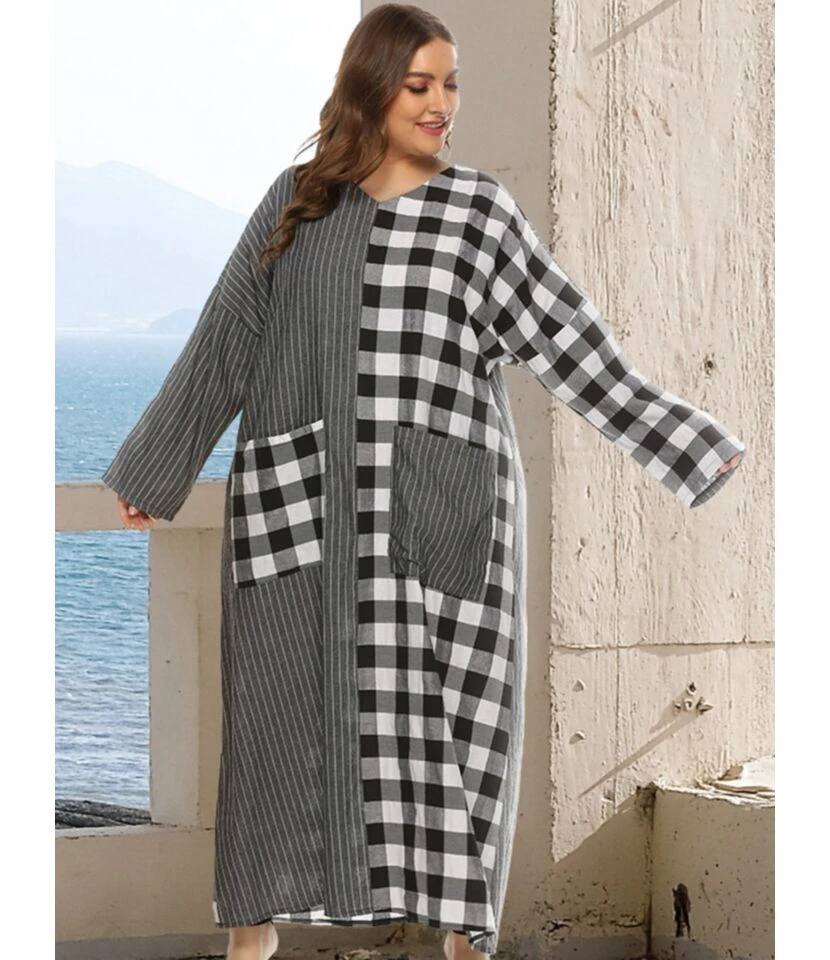Plus Size Plaid Stitching Stripes Pocket Long Sleeve Maxi Dress 210531896 3 Plus Size Plaid Stitching Stripes Pocket Long Sleeve Maxi Dress 210531896