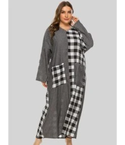 Plus Size Plaid Stitching Stripes Pocket Long Sleeve Maxi Dress 210531896 8 Plus Size Plaid Stitching Stripes Pocket Long Sleeve Maxi Dress 210531896 -NIKA Clothing Shop 210531896 2 1