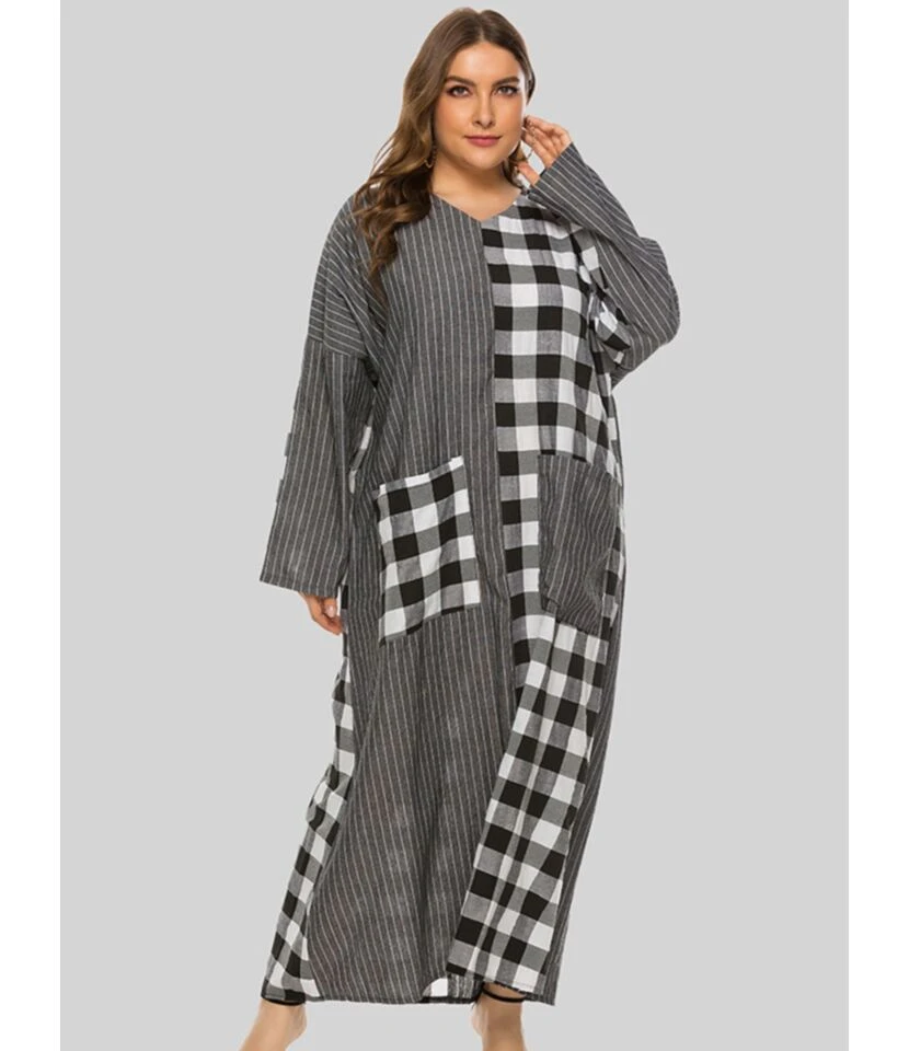Plus Size Plaid Stitching Stripes Pocket Long Sleeve Maxi Dress 210531896 5 Plus Size Plaid Stitching Stripes Pocket Long Sleeve Maxi Dress 210531896 - Image 3