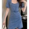 Square Collar Lantern Sleeve Elastic Cuff Surplice Bottom Denim Dress 210601521 -NIKA Clothing Shop 210601521 1