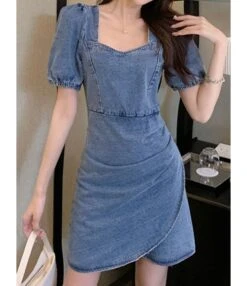 Square Collar Lantern Sleeve Elastic Cuff Surplice Bottom Denim Dress 210601521
