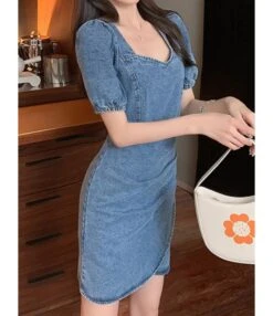 Square Collar Lantern Sleeve Elastic Cuff Surplice Bottom Denim Dress 210601521 -NIKA Clothing Shop 210601521 2