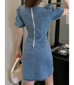 Square Collar Lantern Sleeve Elastic Cuff Surplice Bottom Denim Dress 210601521 -NIKA Clothing Shop 210601521 3