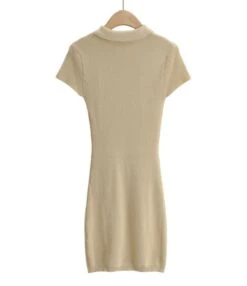 Lapel Button Knit Short Sleeve Plain Bodycon Dress 210601763 -NIKA Clothing Shop 210601763 10
