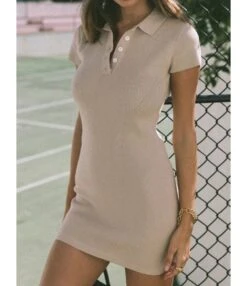 Lapel Button Knit Short Sleeve Plain Bodycon Dress 210601763 -NIKA Clothing Shop 210601763 2 1