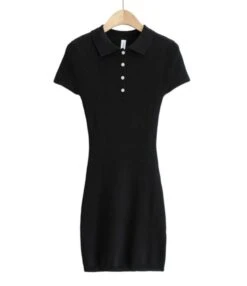 Lapel Button Knit Short Sleeve Plain Bodycon Dress 210601763 -NIKA Clothing Shop 210601763 3 1