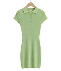 Lapel Button Knit Short Sleeve Plain Bodycon Dress 210601763 -NIKA Clothing Shop 210601763 4 1