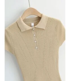 Lapel Button Knit Short Sleeve Plain Bodycon Dress 210601763 -NIKA Clothing Shop 210601763 6