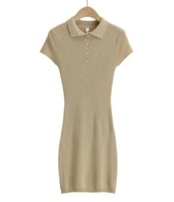 Lapel Button Knit Short Sleeve Plain Bodycon Dress 210601763 -NIKA Clothing Shop 210601763 9