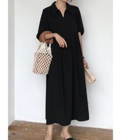 Plus Size Lapel Collor Waist Frilled Short Sleeve Black Dress 210602387