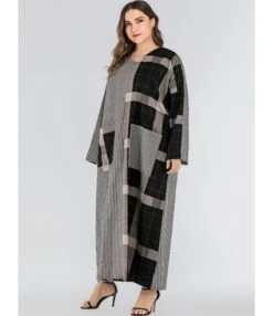 Plus Size V Neck Gingham Striped Stitching Maxi Dress 210621652 -NIKA Clothing Shop 210621652 2