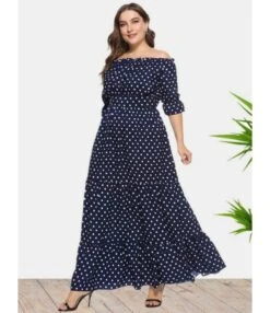 Plus Size Off Shoulder Ploka Dot Fungus Hem Maxi Dress 210722138