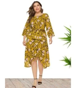 Plus Size Lace Floral Print Lace-up Waist Swing Dress 210722215 -NIKA Clothing Shop 210722215 1