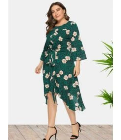 Plus Size Lace Floral Print Lace-up Waist Swing Dress 210722215