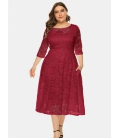 Plus Size Lace Hollow Pocket Detail Evening Dress 210722587