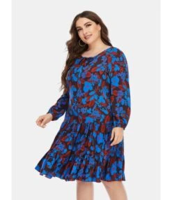 Floral Pattern Loose Long Sleeve Round Neck Plus Size Dress 210722623