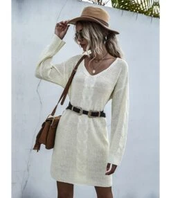 Loose Pure Color V-neck Crochet Knit Sweater Dress Without Belt 210730100 7 Loose Pure Color V-neck Crochet Knit Sweater Dress Without Belt 210730100 -NIKA Clothing Shop 210730100 1
