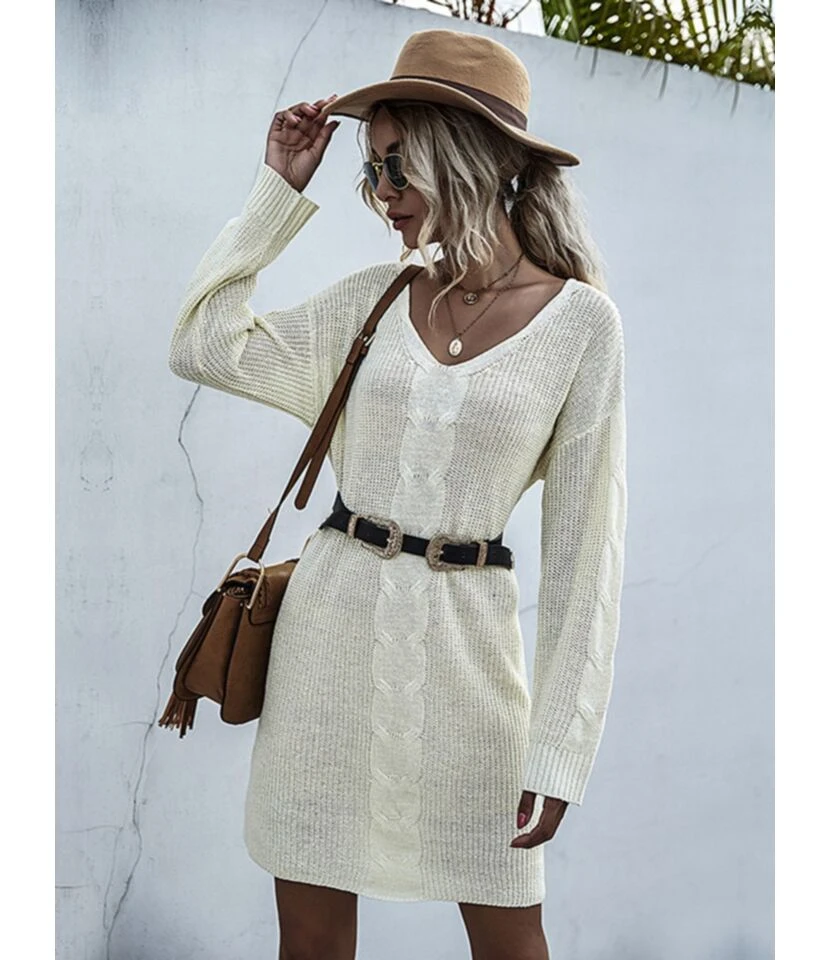 Loose Pure Color V-neck Crochet Knit Sweater Dress Without Belt 210730100 4 Loose Pure Color V-neck Crochet Knit Sweater Dress Without Belt 210730100 - Image 3
