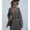 Loose Pure Color V-neck Crochet Knit Sweater Dress Without Belt 210730100 2 Loose Pure Color V-neck Crochet Knit Sweater Dress Without Belt 210730100 -NIKA Clothing Shop 210730100 2