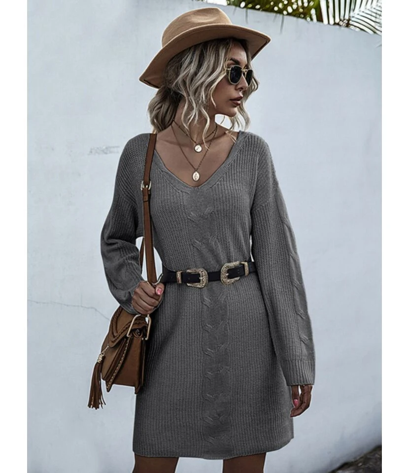 Loose Pure Color V-neck Crochet Knit Sweater Dress Without Belt 210730100 2 Loose Pure Color V-neck Crochet Knit Sweater Dress Without Belt 210730100