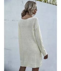 Loose Pure Color V-neck Crochet Knit Sweater Dress Without Belt 210730100 8 Loose Pure Color V-neck Crochet Knit Sweater Dress Without Belt 210730100 -NIKA Clothing Shop 210730100 3