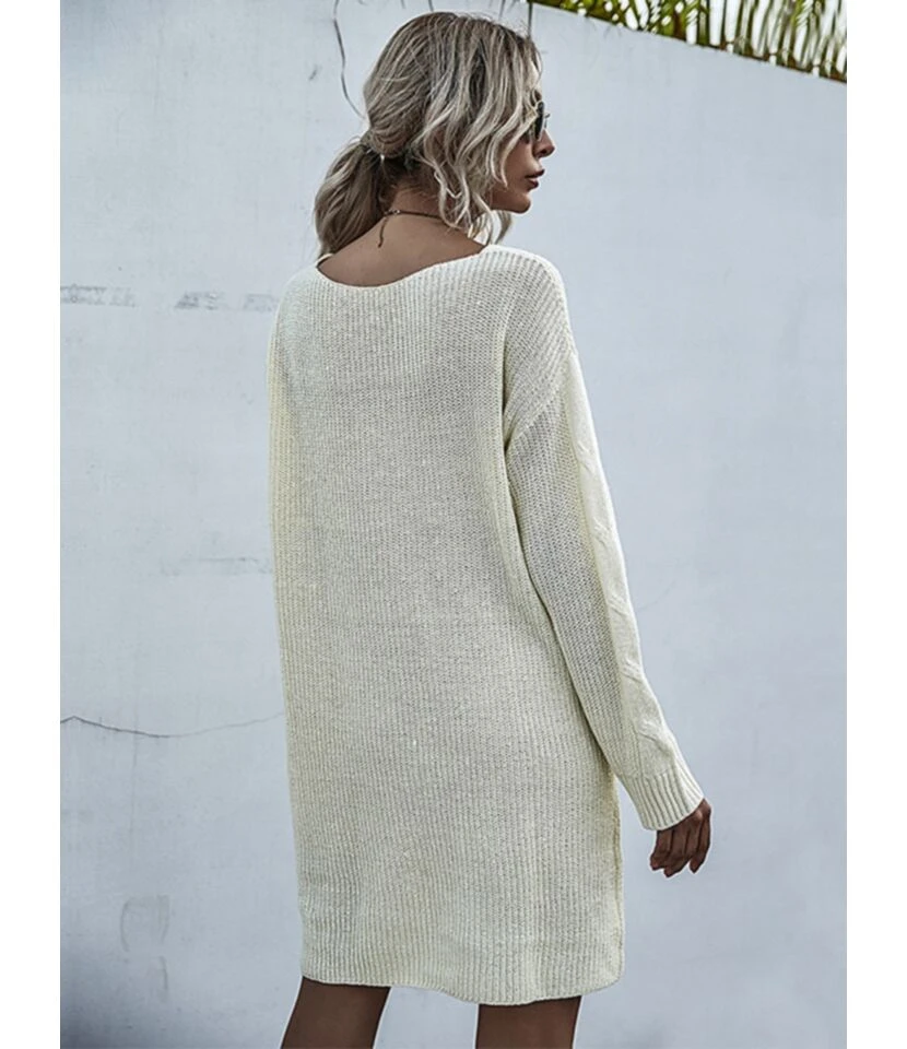 Loose Pure Color V-neck Crochet Knit Sweater Dress Without Belt 210730100 5 Loose Pure Color V-neck Crochet Knit Sweater Dress Without Belt 210730100 - Image 4