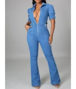 Lapel Collar Zipper Short Sleeve Denim Jeans Rompers 210810026 -NIKA Clothing Shop 210810026 1