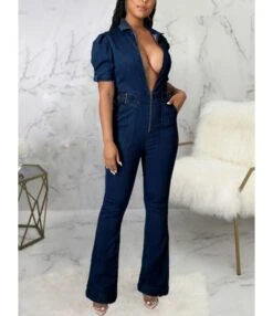 Lapel Collar Zipper Short Sleeve Denim Jeans Rompers 210810026 -NIKA Clothing Shop 210810026 3