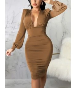 Midi Dress Bodycon Solid Low Cut 210810946 -NIKA Clothing Shop 210810946 4