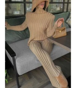 2pcs Ribbing Sweater Sets Shoulder Pads Long Sleeve Top Wide Leg Pants 210813311 -NIKA Clothing Shop 210813311 2