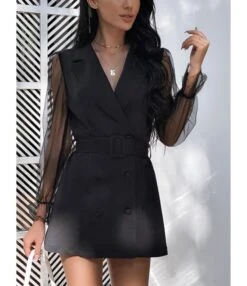 See-through Lantern Sleeves Collect Waist Suit Skirt 210826374