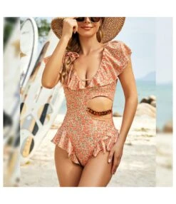 Sexy Ruffle Sleeve High Waist Printed Bikini One Piece Swimsuit Wholesale Vendors SS182644