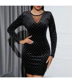 Women Mesh Sheer Long Sleeve Velvet Wholesale Bodycon Dresses SD580279