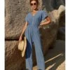 V-neck Elastic Waist Zipper Detail Wide-leg Jumpsuit