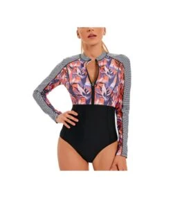 Printed Womens Long Sleeve One Piece Swimsuit Athletic Sunscreen Guard Zipper Surf Clothes Wholesale Swimwear SSN533344