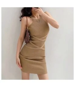 Plain Color Halterneck Sleeveless Knit Wholesale Bodycon Dresses