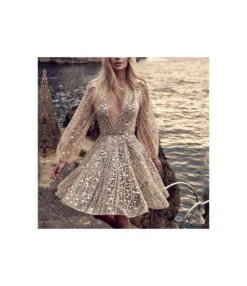 Sexy Long Sleeve Deep V Midi Dress Sheer Sequin Gowns Wholesale Dresses N5923081800028
