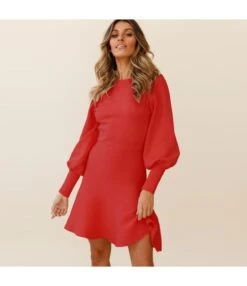 Solid Long Sleeve Knitting Mini Dress