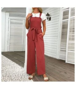 Women Plain Color Sleeveless Cotton Linen Wholesale Jumpsuits SJN580299