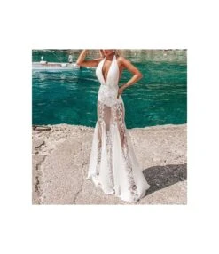 Sexy Floral Embroidery Splicing Sleeveless Hanging Neck V-Neck Dresses Wholesale Dresses N5923081800011