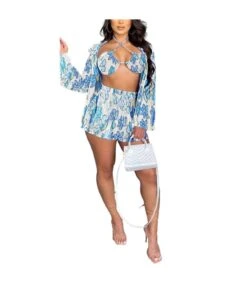 Pleated Printed Cardigan Crop Tops Shorts Three-Piece Set Wholesale Women'S Clothing N46623033000005