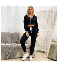 Two Pieces Zipper Up Hoodie Crop Top And Sweatpants Casual Tracksuits Set SO030514