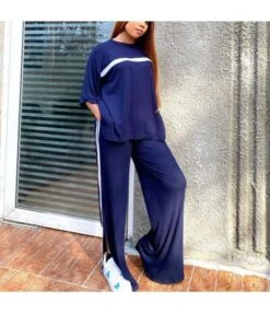 Casual Sport Striped Two Pieces Sets Loose Tops & Wide Leg Pants Wholesale Activewear Sets Bulk Pajama Sets SO202812