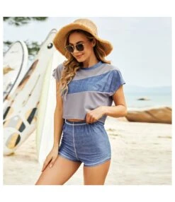 Colorblock Short Sleeve Tops & Boyshorts Womens Tankinis Three-Piece Swimsuit Wholesale Vendors SS183200