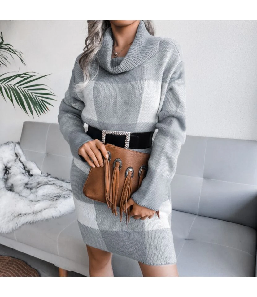 Turtle Neck Plaid Knitted Dress Wholesale Without Belt SD160394 10 Turtle Neck Plaid Knitted Dress Wholesale Without Belt SD160394 - Image 8